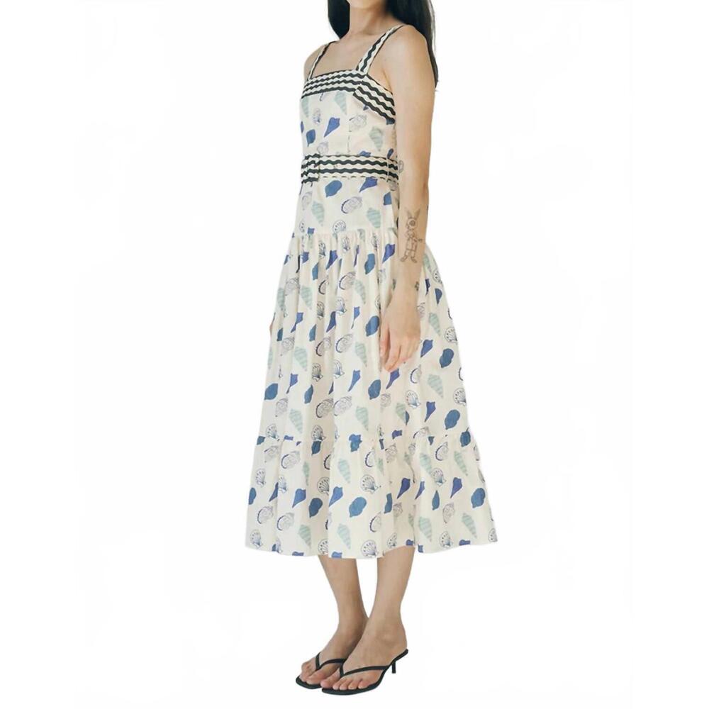 NEW MAUDE CLUB wide shoulder straps midi sundress in blue shell print